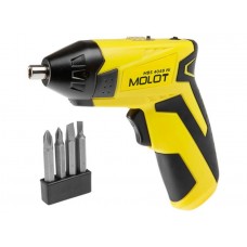 Аккум. шуруповерт MOLOT MBS 4048 Ni в блистере+ набор бит
(4.8 В, 3 Нм.. 0.6 А/ч Ni-Cd, 1 скор., шурупы до 4 мм)