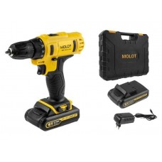Аккум. дрель-шуруповерт MOLOT MBD 1815-1 DLi в чем. 18В, 2 акк., 1.5 А/ч Li-Ion, 2 скор., 30 Нм
(Шурупы до 10 мм)