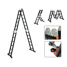 Лестница алюм. многофункц.4х6 ступ.(стрем.-332см,лестн.-690см) 17,0кг BLACK LINE STARTUL (ST9930-06)
(усиленное шарнирное соединение, прорезиненные колеса и доп.стабилизаторы)