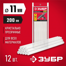 ЗУБР 12 шт., 240 г, 11 мм х 200 мм (11-12 мм), прозрачные, универсальные клеевые стержни 06854-12 Профессионал ЗУБР 12 шт., 240 г, 11 мм х 200 мм (11-12 мм), прозрачные, универсальные клеевые стержни 06854-12 Профессионал