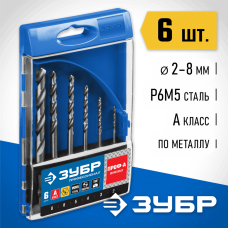ЗУБР 6 шт. (Ø 2-8 мм), Р6М5, НЕХ 1/4", класс A, Р6М5, набор сверл спиральных по металлу 29623-H6_z01 ЗУБР 6 шт. (Ø 2-8 мм), Р6М5, НЕХ 1/4", класс A, Р6М5, набор сверл спиральных по металлу 29623-H6_z01