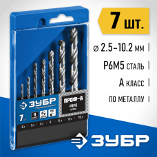ЗУБР 7 шт. (Ø 2,5-10,2 мм), класс А, Р6М5, набор сверл по металлу 29625-H7R Профессионал ЗУБР 7 шт. (Ø 2,5-10,2 мм), класс А, Р6М5, набор сверл по металлу 29625-H7R Профессионал