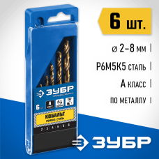 ЗУБР 6 шт. (Ø 2-8 мм), класс A, сталь Р6М5, набор сверл по металлу 29626-H6 ЗУБР 6 шт. (Ø 2-8 мм), класс A, сталь Р6М5, набор сверл по металлу 29626-H6