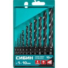 СИБИН 10 шт. (Ø 1-10 мм), класс В, набор сверл по металлу 29610-H10 СИБИН 10 шт. (Ø 1-10 мм), класс В, набор сверл по металлу 29610-H10