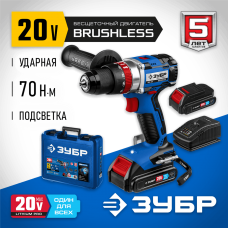 ЗУБР 20 В, бесщеточная, 2 АКБ (2Ач), в кейсе, ударная дрель-шуруповерт DBS-201-22 Профессионал ЗУБР 20 В, бесщеточная, 2 АКБ (2Ач), в кейсе, ударная дрель-шуруповерт DBS-201-22 Профессионал