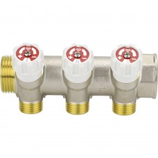 Коллектор распределительный VARMEGA с запорными клапанами1х3/4, 3 выхода, евро конус Коллектор распределительный VARMEGA с запорными клапанами1х3/4, 3 выхода, евро конус