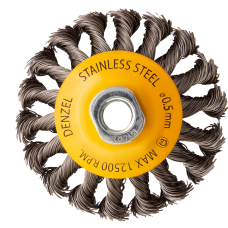 Щетка для УШМ DENZEL 746093, 100 мм, «тарелка», крученая нержавеющая проволока 0.5 мм, М14